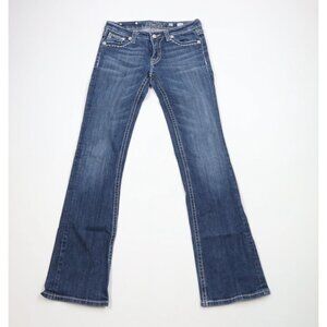 Miss Me Womens 29 Thick Stitch Fleur de Lis Flared Bootcut Denim Jeans Blue